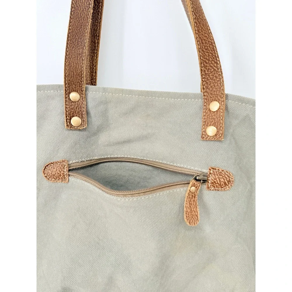 Myrha Large Tote‎ Festival Boho Y2K Upcycled Canvas Leather Brown White Summer